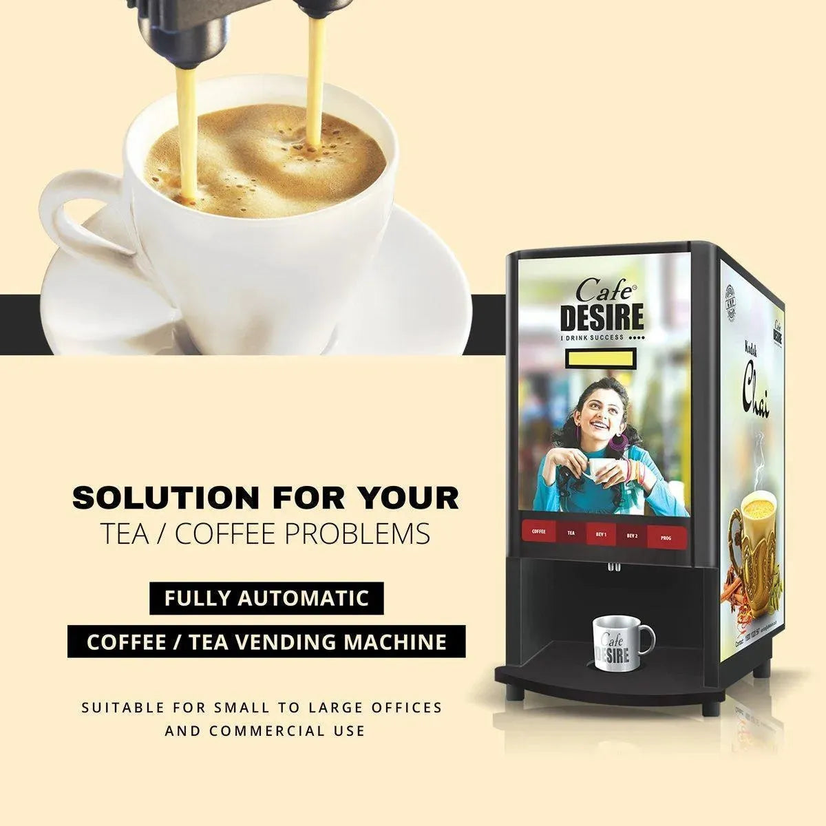 Coin Option Coffee Machine 3 Lane | Currency System | Three Beverage Options | Fully Automatic Tea & Coffee Vending Machine