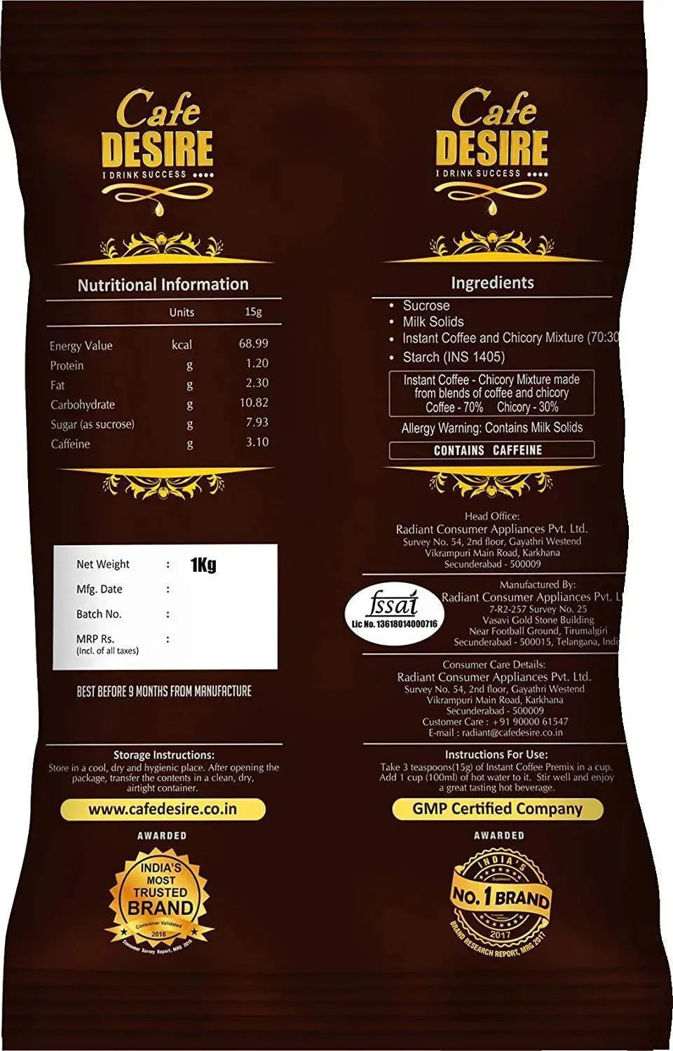Instant Coffee Premix - 1Kg - Premium Blend - cafedesireonline.com