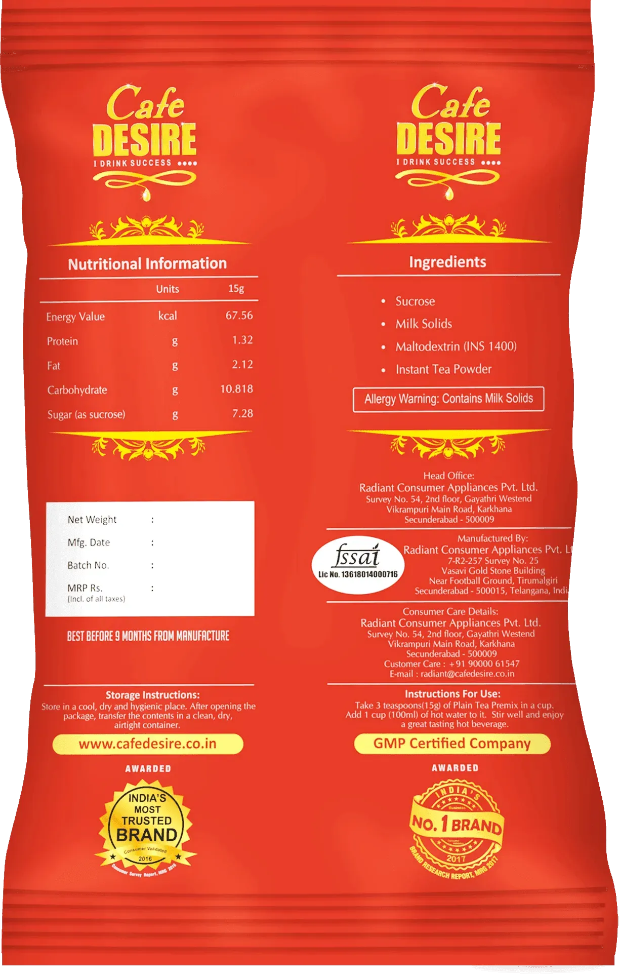 Plain Tea Premix - 1Kg - Red Range Economy Blend - cafedesireonline.com