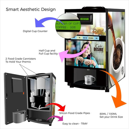 Coffee Machine 2 Lane | Two Beverage Options | Fully Automatic Tea & Coffee Vending Machine | For Offices, Shops and Smart Homes | Make 2 Varieties of Coffee Tea with Premix | No Milk, Tea, Coffee Powder Required - Cafe Desire Cafe Desire My Cafe Desire Coffee Machine Coffee Machine 2 Lane | Two Beverage Options | Fully Automatic Tea & Coffee Vending Machine | For Offices, Shops and Smart Homes | Make 2 Varieties of Coffee Tea with Premix | No Milk, Tea, Coffee Powder Required