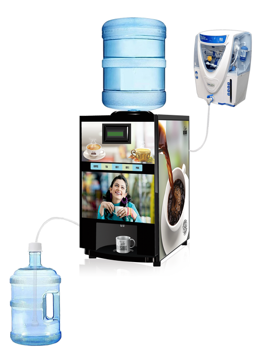 Coffee Machine 4 Lane Multi Water Inlet Coffee and Tea Vending Machine | Bubble Top, Water Pump and RO Direct Water Input | Four Beverage Options | For Offices, Shops and Smart Homes | Make 4 Varieties of Coffee Tea with Premix - cafedesireonline.com