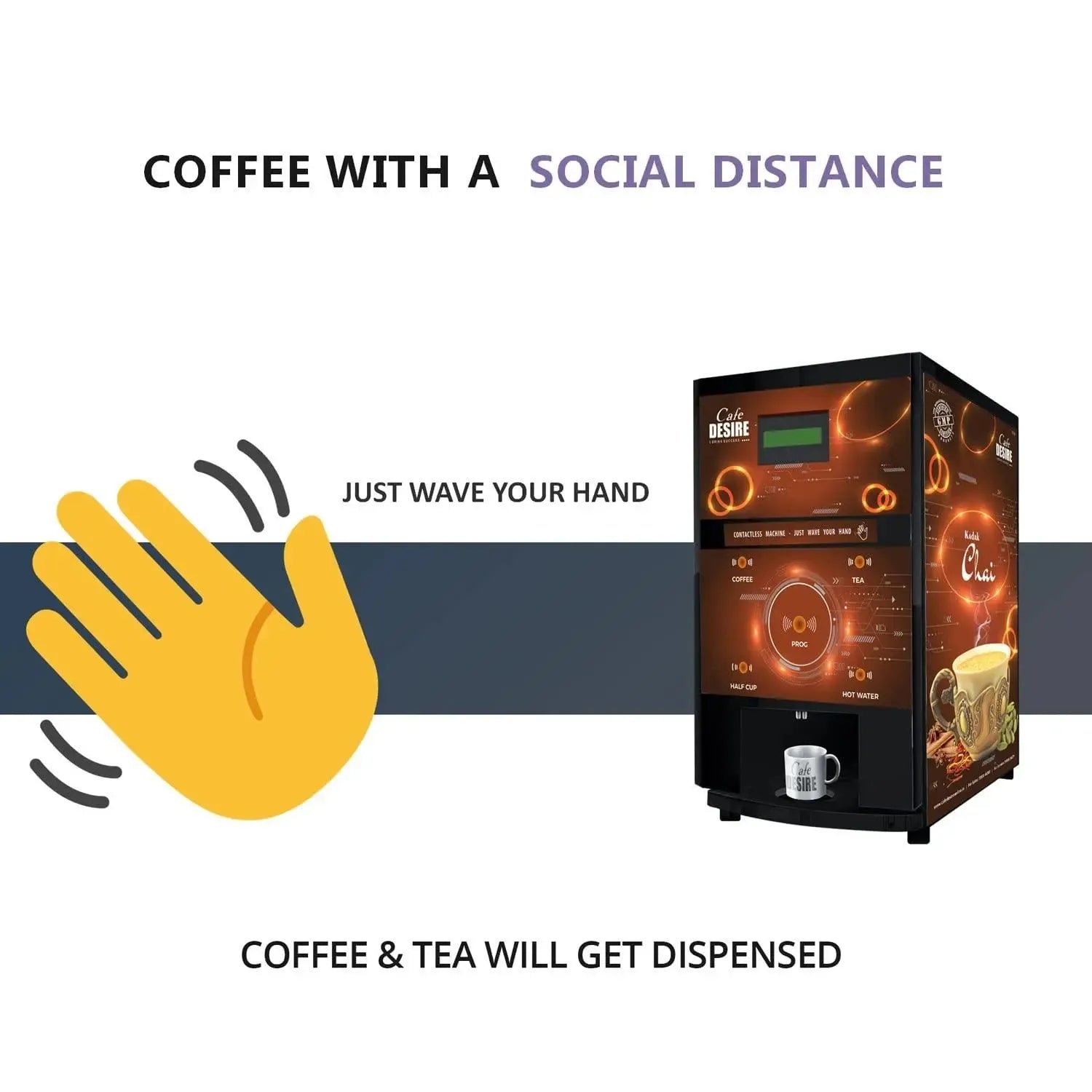 PUMP Model Contactless Sensor Based Coffee Machine - 4 Lane | Automatic Tea & Coffee Premix Vending Machine | For Offices, Shops & Smart Homes | Make 4 types | Just wave your hand - Cafe Desire Cafe Desire My Cafe Desire PUMP Model Contactless Sensor Based Coffee Machine - 4 Lane | Automatic Tea & Coffee Premix Vending Machine | For Offices, Shops & Smart Homes | Make 4 types | Just wave your hand