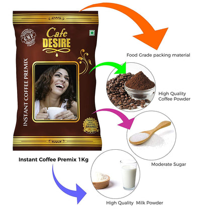 Instant Coffee Premix (1 Kg) - Premium Blend | 3 in 1 Coffee | Milk not required | Rich Taste as home-made | Manual use - Just add Hot Water | Suitable for all Vending Machines | Makes 90 cups per KG | GMP Certified - Cafe Desire Cafe Desire My Cafe Desire Coffee Premix Instant Coffee Premix (1 Kg) - Premium Blend | 3 in 1 Coffee | Milk not required | Rich Taste as home-made | Manual use - Just add Hot Water | Suitable for all Vending Machines | Makes 90 cups per KG | GMP Certified