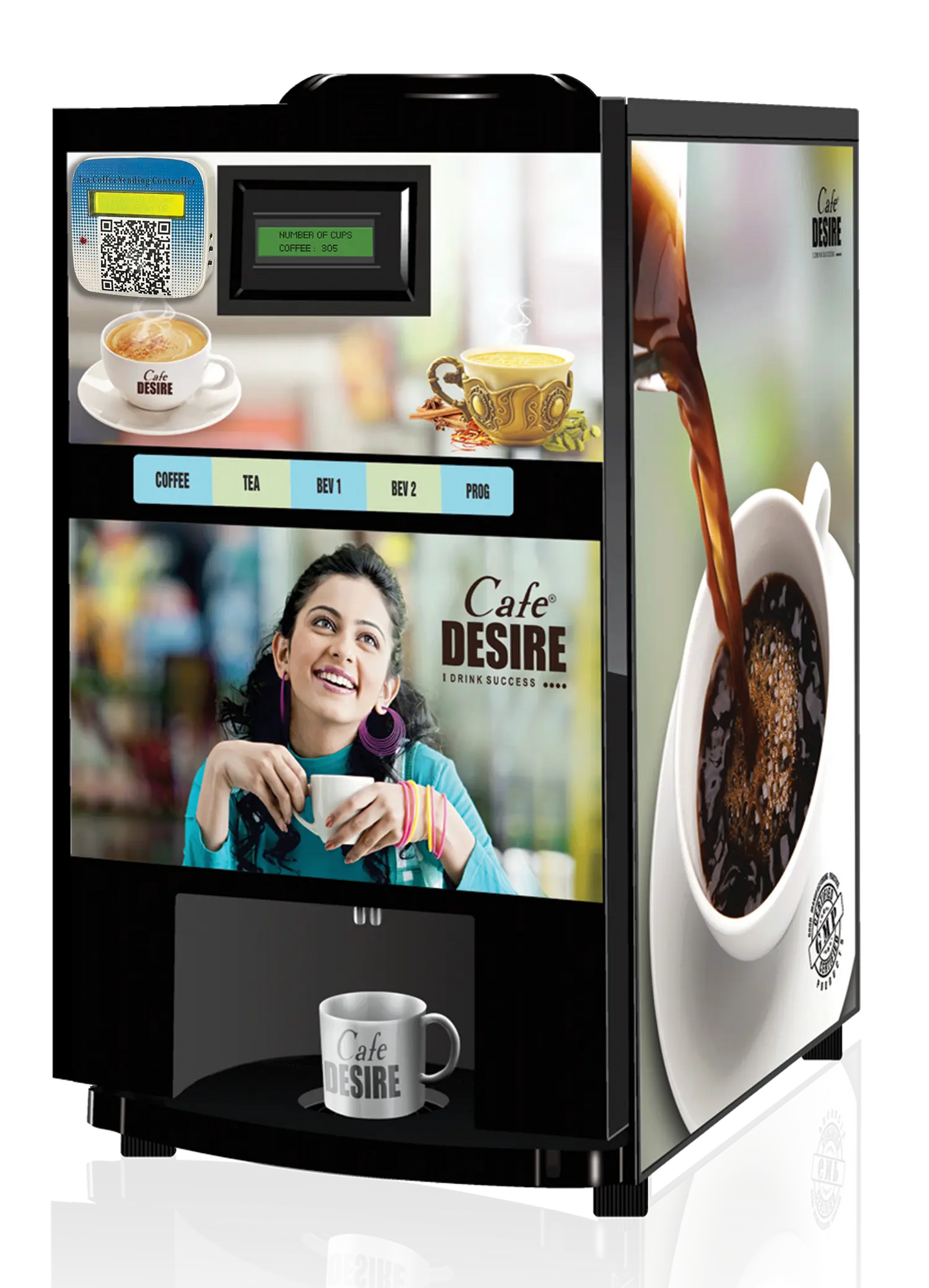 QR Code UPI Payment Enabled Coffee Machine 4 Lane | Four Beverage Options | Fully Automatic Tea & Coffee Vending Machine | For Offices, Shops and Smart Homes | Make 4 Varieties of Coffee Tea with Premix | No Milk, Tea, Coffee Powder Required - cafedesireonline.com